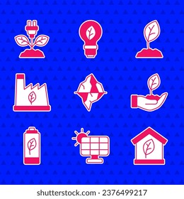 Set Iceberg, Solar energy panel, Eco friendly house, Plant in hand, nature leaf battery, recycling garbage, Sprout and Electric saving plug icon. Vector