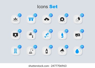 Set Iceberg, Water tap, filter cartridge, cooler, drop, Mobile water tank,  and Washing hands with soap icon. Vector