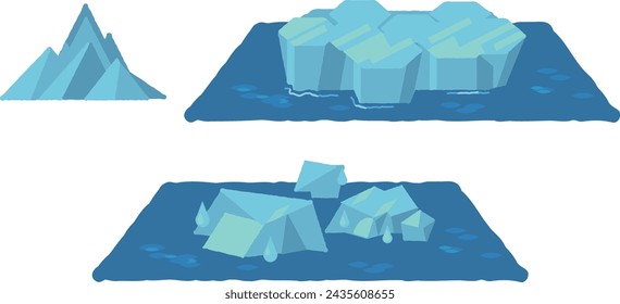 A set of icebergs, Antarctic land, and glaciers that are about to melt away