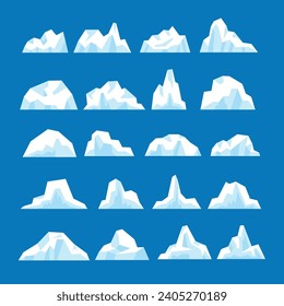 Set of icebergs collection on blue background, Iceberg floating in ocean, tip of the icebergs icon set,  Antarctic cartoon ice, snowy mountains and cracked ice, frozen ice element vector illustration.