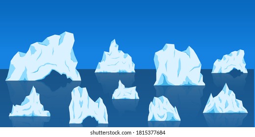 Conjunto de Icebergs flotando en el mar. Montaña helada azul en el mar. Gran trozo de hielo azul de agua dulce en agua abierta. Iceberg en Ocean Water.
