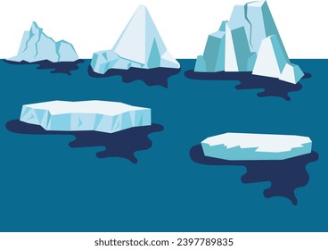 Set of icebergs, frozen blocks of ice floes on a dark background. Winter elements, pieces of Iceberg.