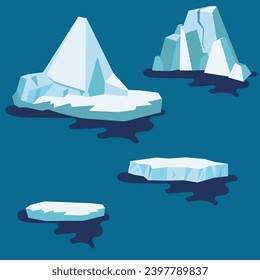 Set of icebergs, frozen blocks of ice floes on a dark background. Winter elements, pieces of Iceberg.