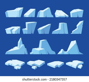 Set of Icebergs, Frozen Ice Floe Blocks, Blue Iced Snowdrift Caps. Ice Lumps or Cubes With Facets, Slippery Surface, Pointed Top. Winter Elements, Ice Berg Pieces. Cartoon Vector Illustration
