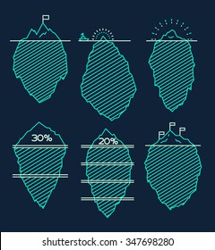 Set of icebergs with infographic elements, vector illustration, linear style.