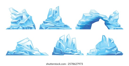 Set of icebergs with various shapes, drifting glacier. South and North Pole. Vector cartoon illustration