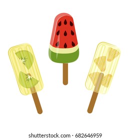 Set of ice-cream with berries and fruits isolated on white background. Top view vector illustration eps 10