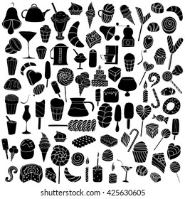 Set of ice-cream, Bread, cake and coffee. Black Vector doodle elements. Isolated on black background