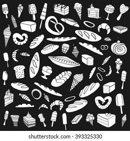 Set of ice-cream, Bread and cake. Monochrome Vector doodle elements. Isolated on black background