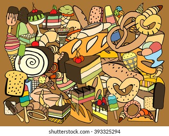 Set of ice-cream, Bread and cake. Vector doodle elements.