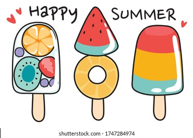 Set of icecream in cartoon style.Summer concept.Fruit.Colorful.Hand drawn.Cute.Kawaii.Vector.Illustration.