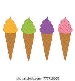 
Set of ice-cream of different colors in a conical waffle cup vector illustration