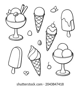 Set of ice-cream. Different sorts types and types. Outline black and white vector illustration