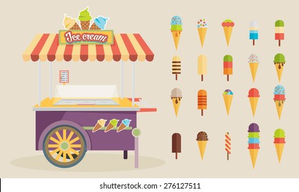 Set of ice-cream icons and ice-cream shopping cart. Flat style design. Vector illustration.