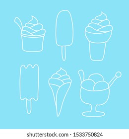 Set of Ice-cream isolated on light blue background. Summer food. White Line illustration. Sweet Frozen Desserts.