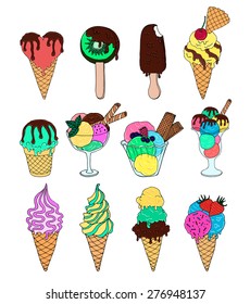 Set of ice-cream. Melting ice cream, ice cream in a waffle cone, ice lolly, ice cream in shape of a heart, scoops of ice cream. Set of vector doodle elements. Cute pattern