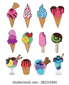 Set of ice-cream. Melting ice cream, ice cream in a waffle cone, ice lolly, ice cream in shape of a heart, scoops of ice cream. Set of vector doodle elements. Cute pattern