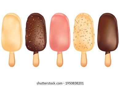 Set of icecream on a stick with frosty pink, brown chocolate glaze. Fresh confectionery with chopped hazelnuts vector illustration. Ready-to-eat cool sweet dessert isolated on white background.
