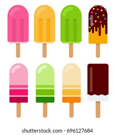 A set of ice-cream on sticks. Ice cream on a stick in colored glaze, ice cream in chocolate glaze, fruit ice on a stick vector flat material design isolated on white