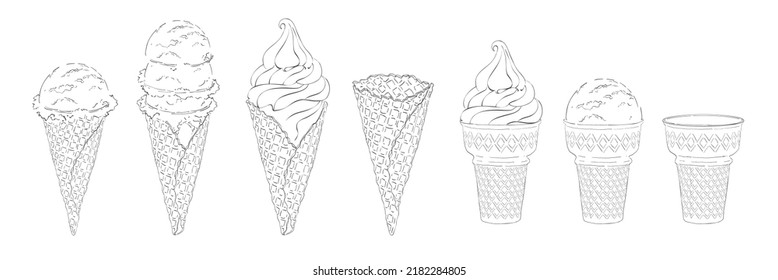 Set of ice-cream scoops in waffle cones with assorted balls of vanilla, citrus, strawberry, mint, chocolate. Vector realistic line illustration