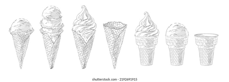 Set of ice-cream scoops in waffle cones with assorted balls of vanilla, citrus, strawberry, mint, chocolate. Vector realistic line illustration