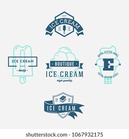 Set of ice-cream shop labels, logotypes and design elements. Vintage collection of different ice cream elements. Cold desserts and ice cream objects. Vector elements for design. Ice cream silhouettes.
