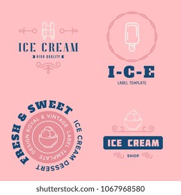 Set of ice-cream shop labels, logotypes and design elements. Vintage collection of different ice cream elements. Cold desserts and ice cream objects. Vector elements for design. Ice cream silhouettes.