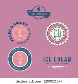 Set of ice-cream shop labels, logotypes and design elements. Vintage collection of different ice cream elements. Cold desserts and ice cream objects. Vector elements for design. Ice cream silhouettes.