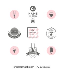 Set of ice-cream shop labels, logotypes and design elements. Vintage collection of different ice cream elements. Cold desserts and ice cream objects. Vector elements for design. Ice cream silhouettes.
