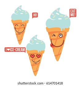 Set of ice-cream smileys. Cartoon characters face. Vector collection . Emoticon. Funny food concept.
