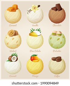 Set of ice-cream vector icons, cartoon illustrations of scoops of ice cream with different flavors: caramel, vanilla, chocolate, walnut, pinacolada, phistachio, coconut, mango, coffee collection