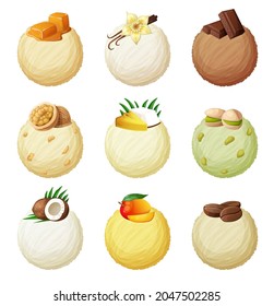 Set of ice-cream vector icons isolated on white background, cartoon illustrations of scoops of ice cream with different flavors: caramel, vanilla, chocolate, walnut, pinacolada, phistachio, coconut