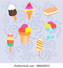 set of icecreams on floral pattern