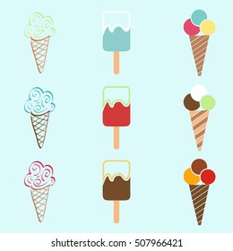 Set of ice-creams and popsicles.
