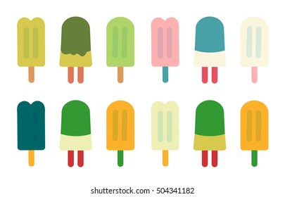 Set of ice-creams and popsicles in flat style.
Ice cream on stick and with a glaze. 
Ice cream background Vector illustration.