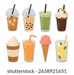 Set of iced coffee, bubble tea, smoothies, juice, lemonade and ice cream in flat cartoon style. Summer drinks and desserts illustration.