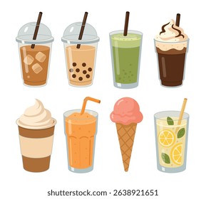 Set of iced coffee, bubble tea, smoothies, juice, lemonade and ice cream in flat cartoon style. Summer drinks and desserts illustration.
