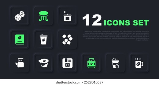 Set Iced coffee, Coffee cup, to go, jar bottle, book, Pour over maker, table and Bag beans icon. Vector