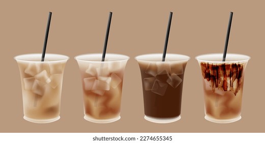 set of iced coffee drink in plastic cup