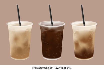 set of iced coffee drink in plastic cup