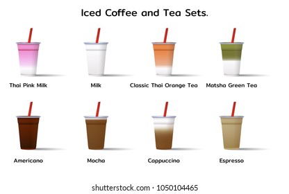 Set of Iced Coffee and tea in a plastic cup with straw and label.