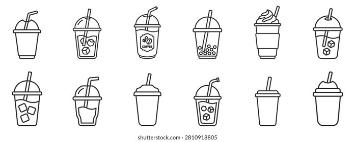 set of iced drinks and coffee cups line icons with straws beverage illustrations on transparent background