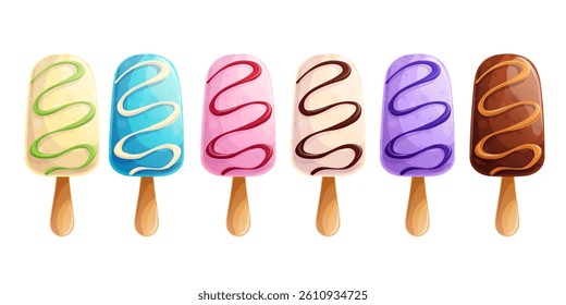 A set of iced ice cream on a stick on a white background. The concept of confectionery, baking, cooking. Isolated vector illustration for menu design, posters, banners, covers