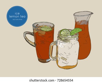 set of iced lemon mint tea , sketch vector.