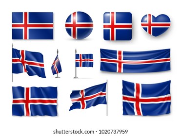 Set Iceland flags, banners, banners, symbols, flat icon. Vector illustration of collection of national symbols on various objects and state signs