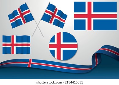 Set Of Iceland Flags In Different Designs, Icon, Flaying Flags With ribbon With Background.