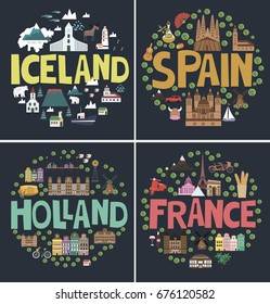 Set of Iceland, Spain, Holland, France with landmarks, animals and landscape. Editable vector illustration