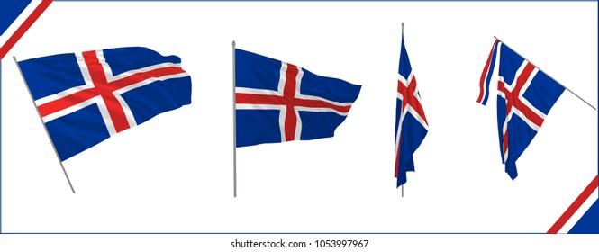 Set of Iceland state waving flag in solemn or proud style. Vector illustration.