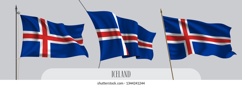 Set of Iceland waving flag on isolated background vector illustration. 3 red blue white Icelandic wavy realistic flag as a patriotic symbol 