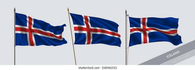 Set of Iceland waving flag on isolated background vector illustration. 3 Icelandic wavy realistic flag as a symbol of patriotism 